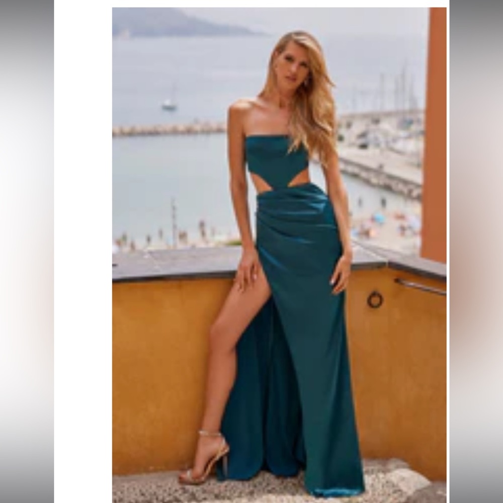 Alamour The Label Green Strapless Gown with Cut Out and Slit